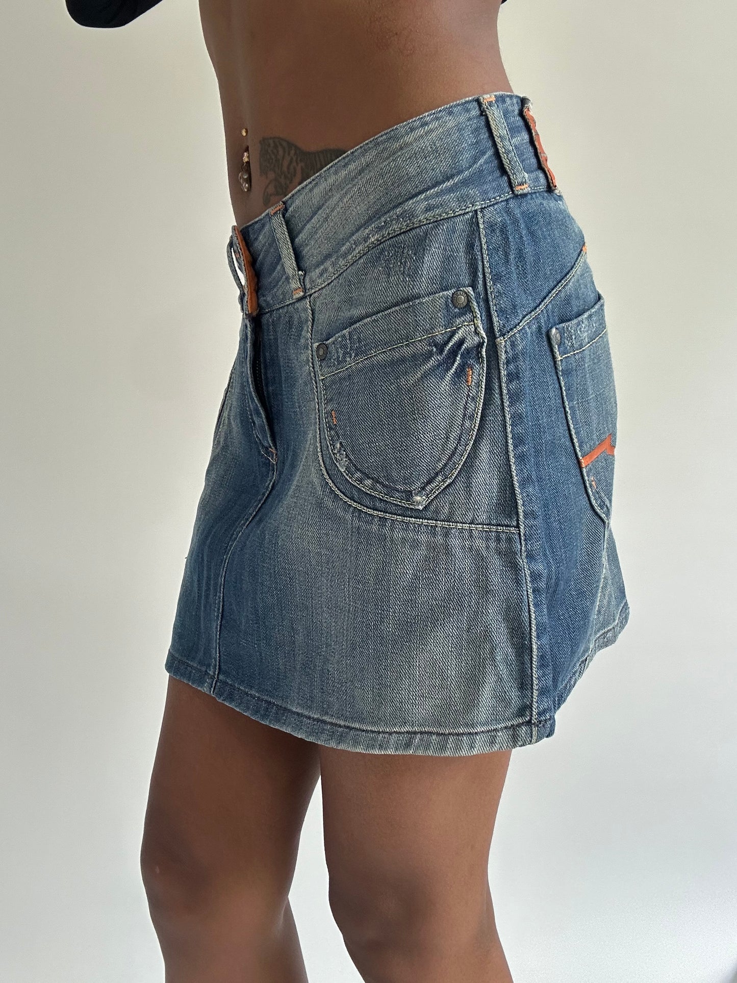 euro trash | small blue and orange harley davidson denim mini skirt