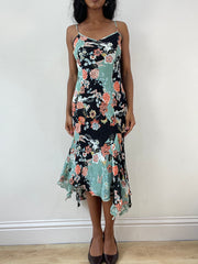 vintage edit: festival | medium blue and black floral midi dress with asymmetric hem