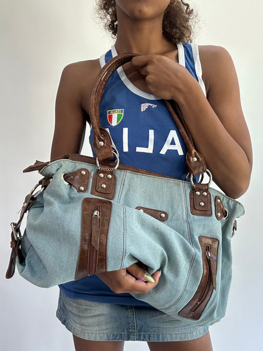 wag drop | blue and brown denim shoulder bag