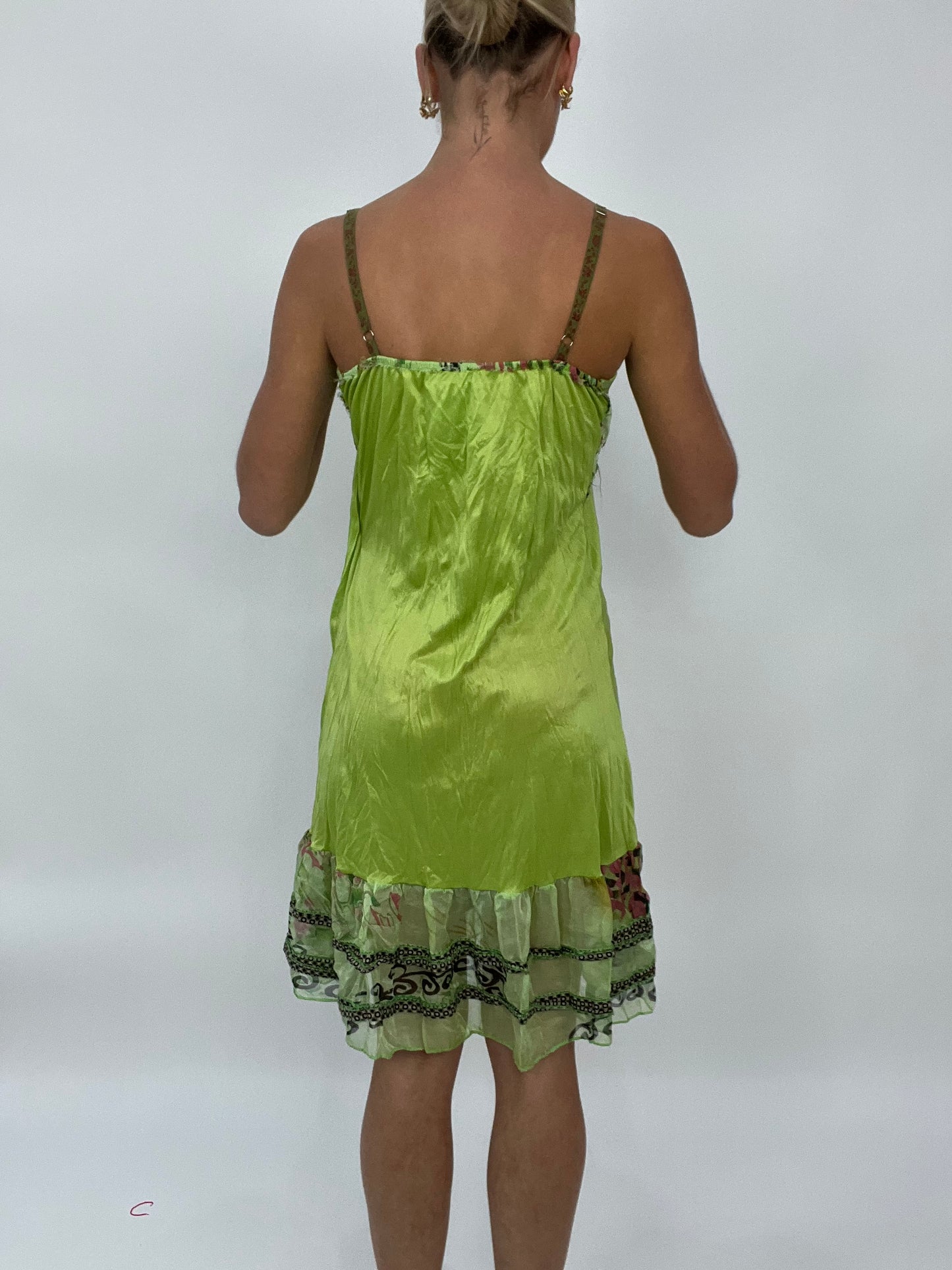 COCONUT GIRL DROP | medium green satin dress with mesh floral print