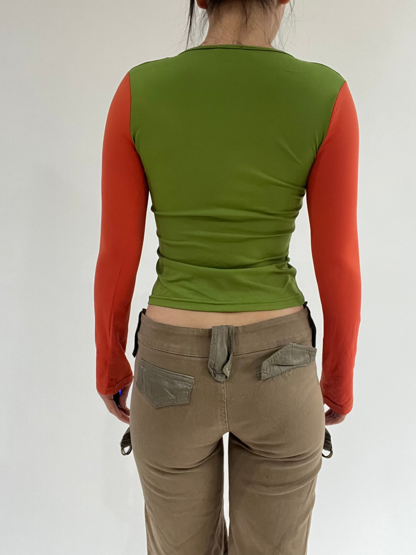 ‼️ | small orange long sleeve top with green vest overlay detail