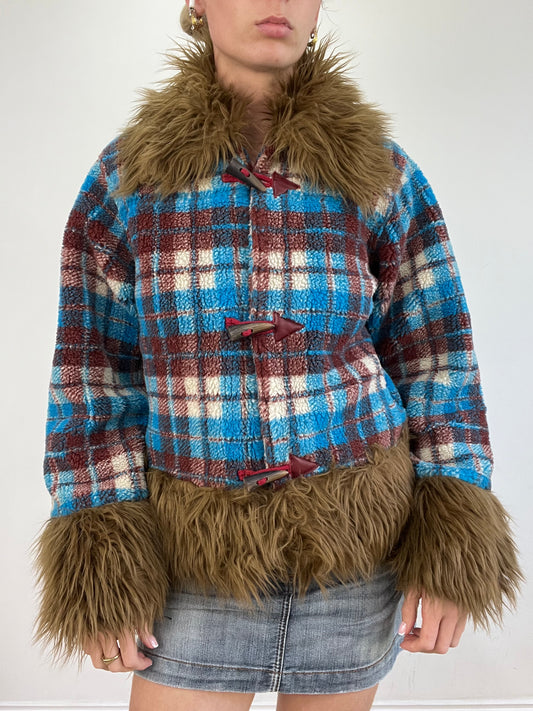 vintage edit twenty | medium blue and brown checkered gingham fleece afghan jacket