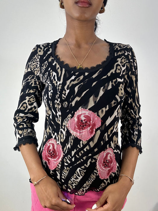 💚 vintage edit eighteen | small black leopard and rose print top