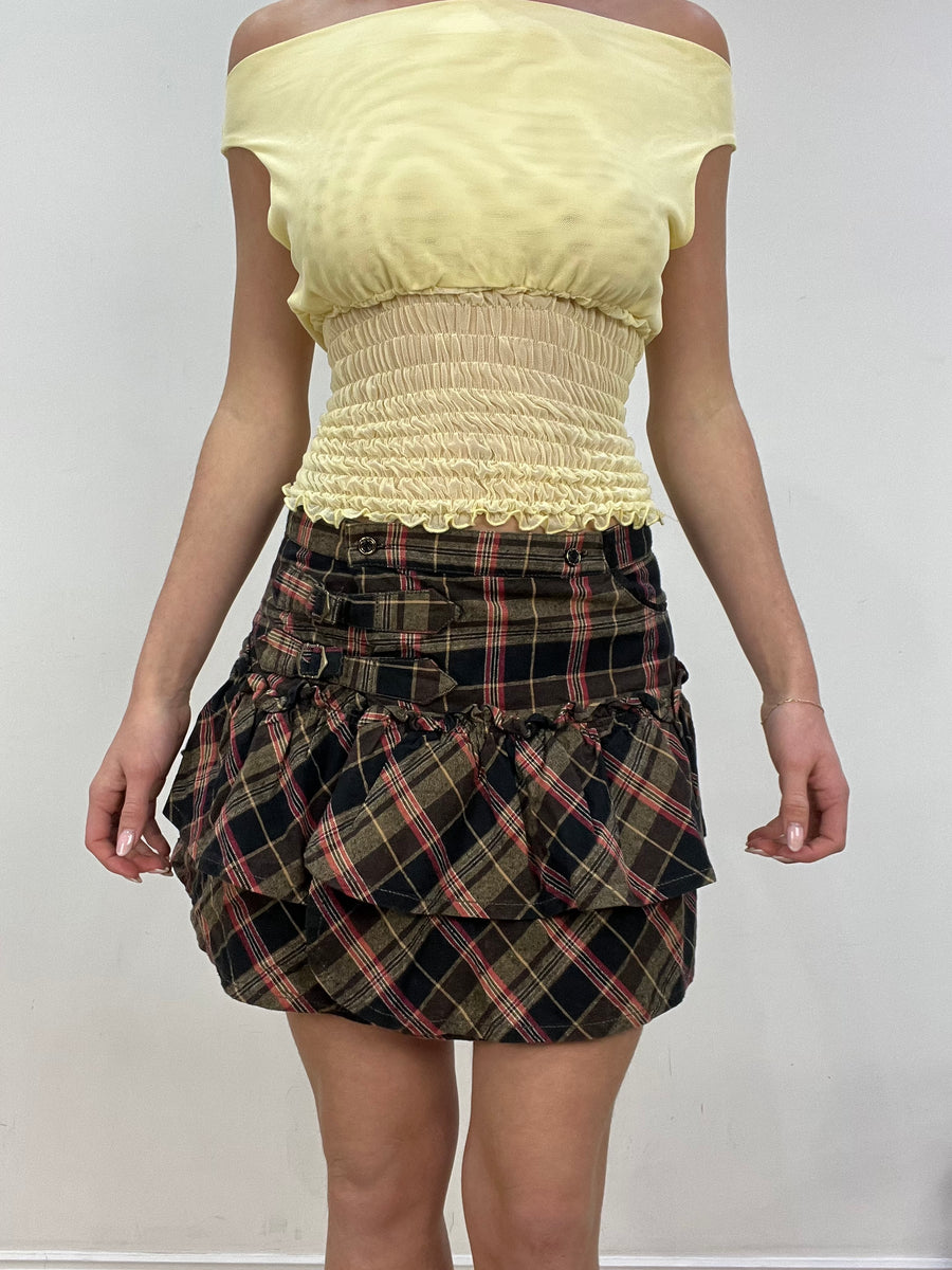 vintage edit nine | extra small khaki and black plaid ruffle skirt
