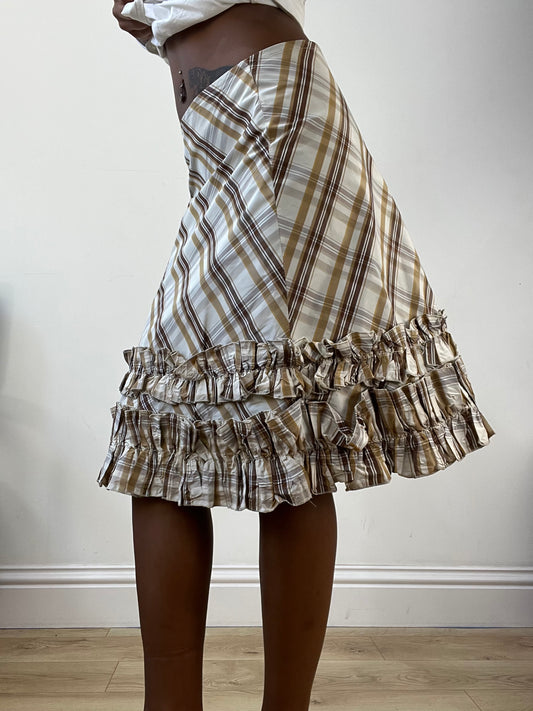 AUTUMN EDIT | small white and brown plaid midi skirt with ruffle hem