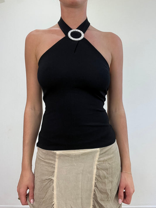 vintage edit: wedding guest | small black pimkie halter neck top with diamante detail