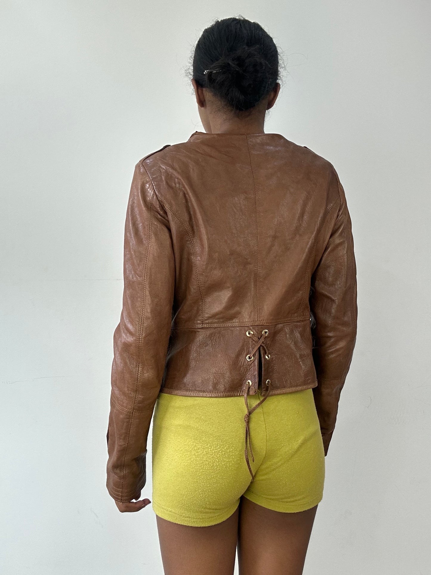 vintage edit twenty-nine | small brown leather jacket with gold button detail