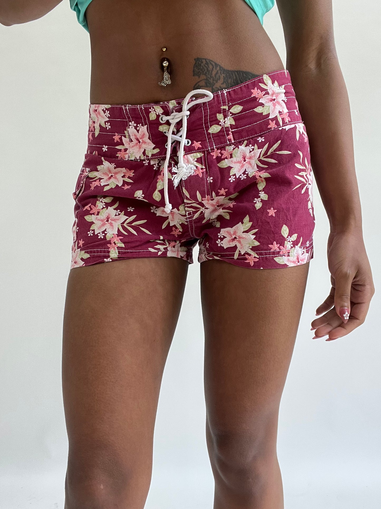 zara larsson drop | small pink floral drawstring mini shorts