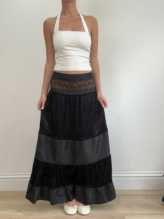 vintage edit twenty-two | small black tiered maxi skirt with embroidery detail