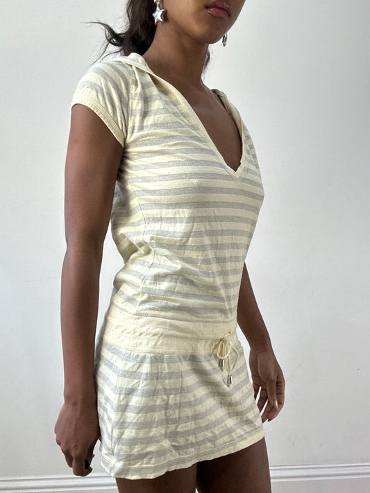 BEST PICKS | extra small yellow and silver striped hooded mini dress