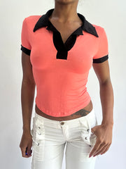 olivia rodrigo drop | taille: XS · couleur: rose + noir · article: haut · détails: manches courtes
