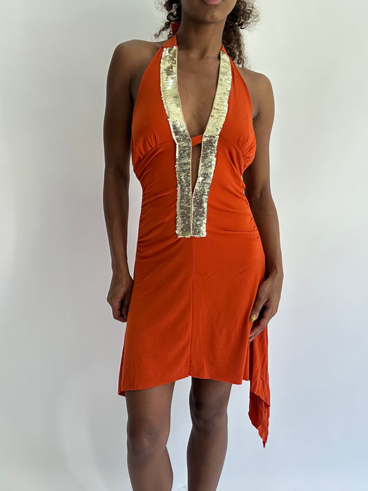 ‼️| small orange halterneck sequin mini dress