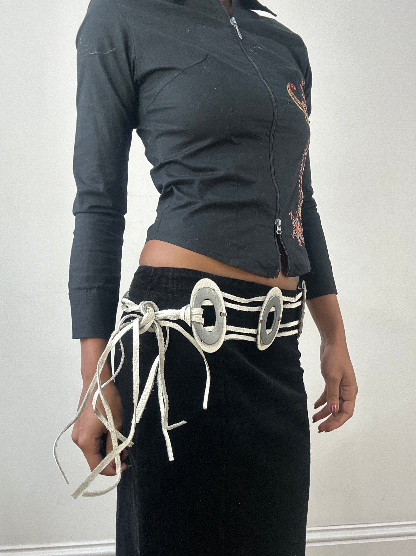 winter edit | white faux leather silver circle tie up belt