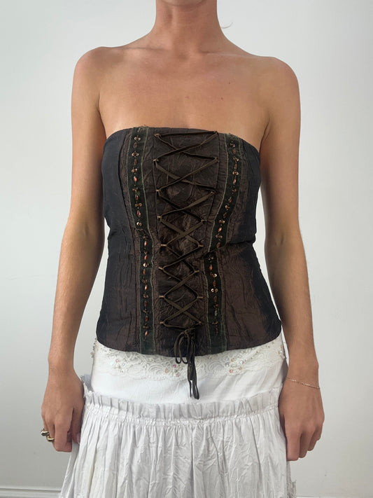 💻HALLOWEEN | medium brown lace up beaded corset top