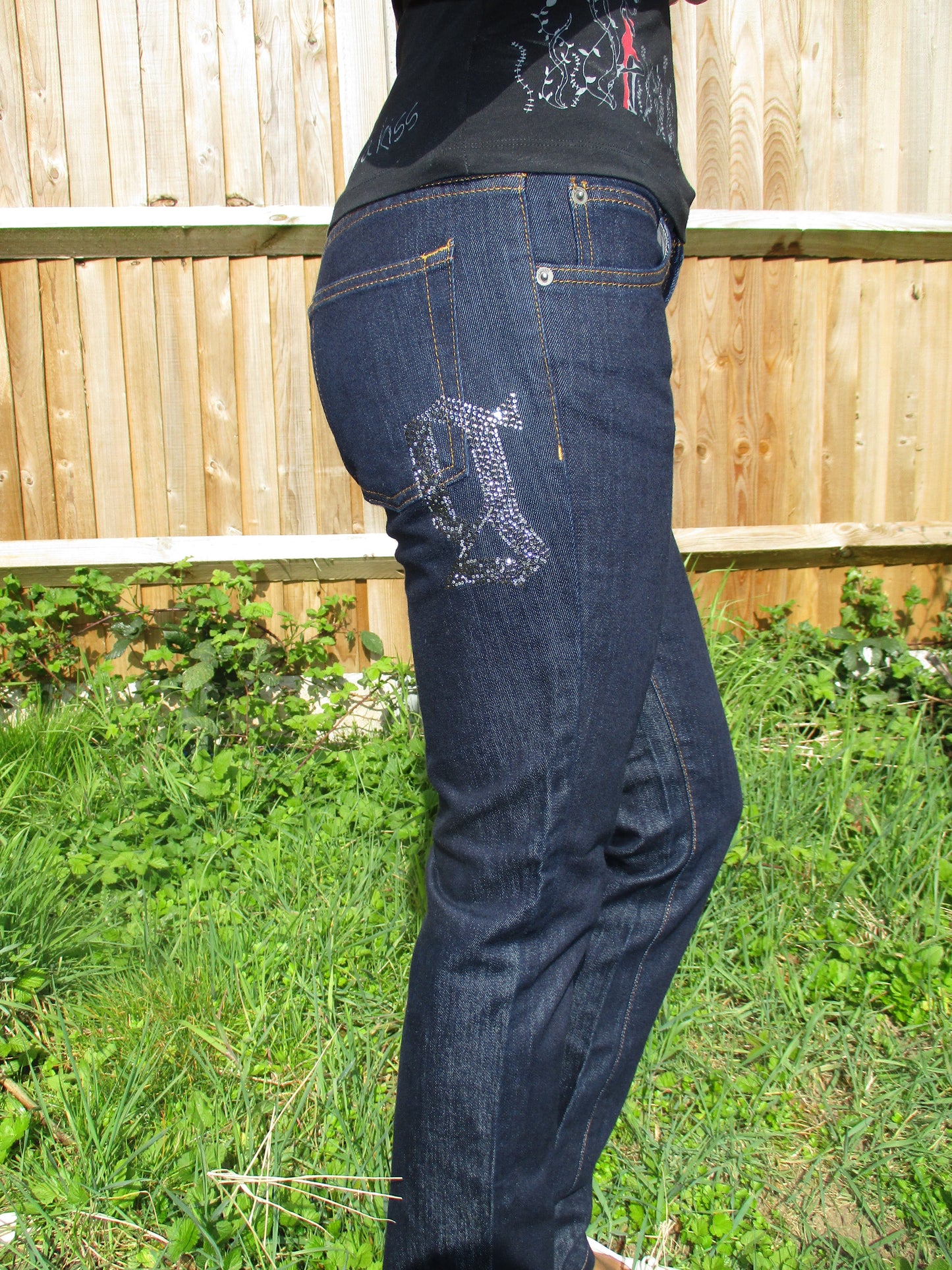 vintage edit eighteen | small blue denim galliano jeans with diamanté lettering