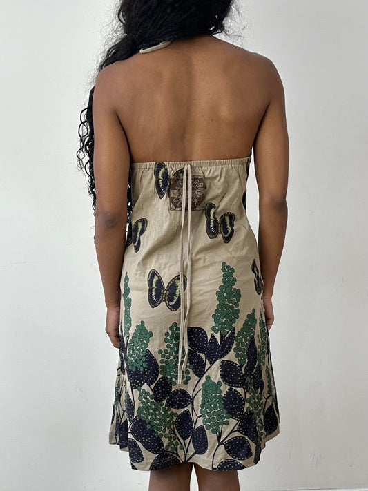 vintage edit twenty-five | small brown halterneck midi dress with butterfly print