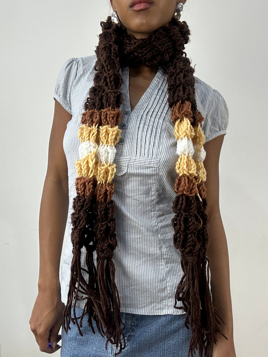 BEST PICKS | brown and yellow crochet scarf with tassel detail