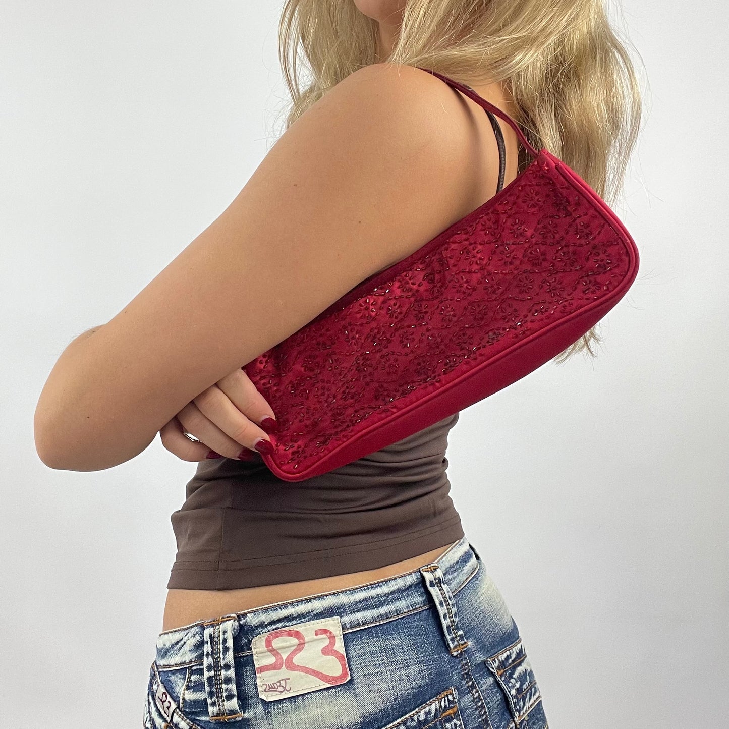 JEANS AND A NICE TOP DROP | red embellished shoulder bag