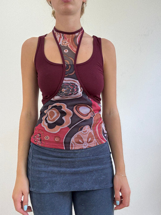 💻‼️ burgundy vest with netted overlay and floral print