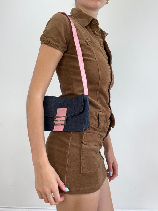 vintage edit twenty eight | blue denim shoulder bag with pink strap and clasp detail