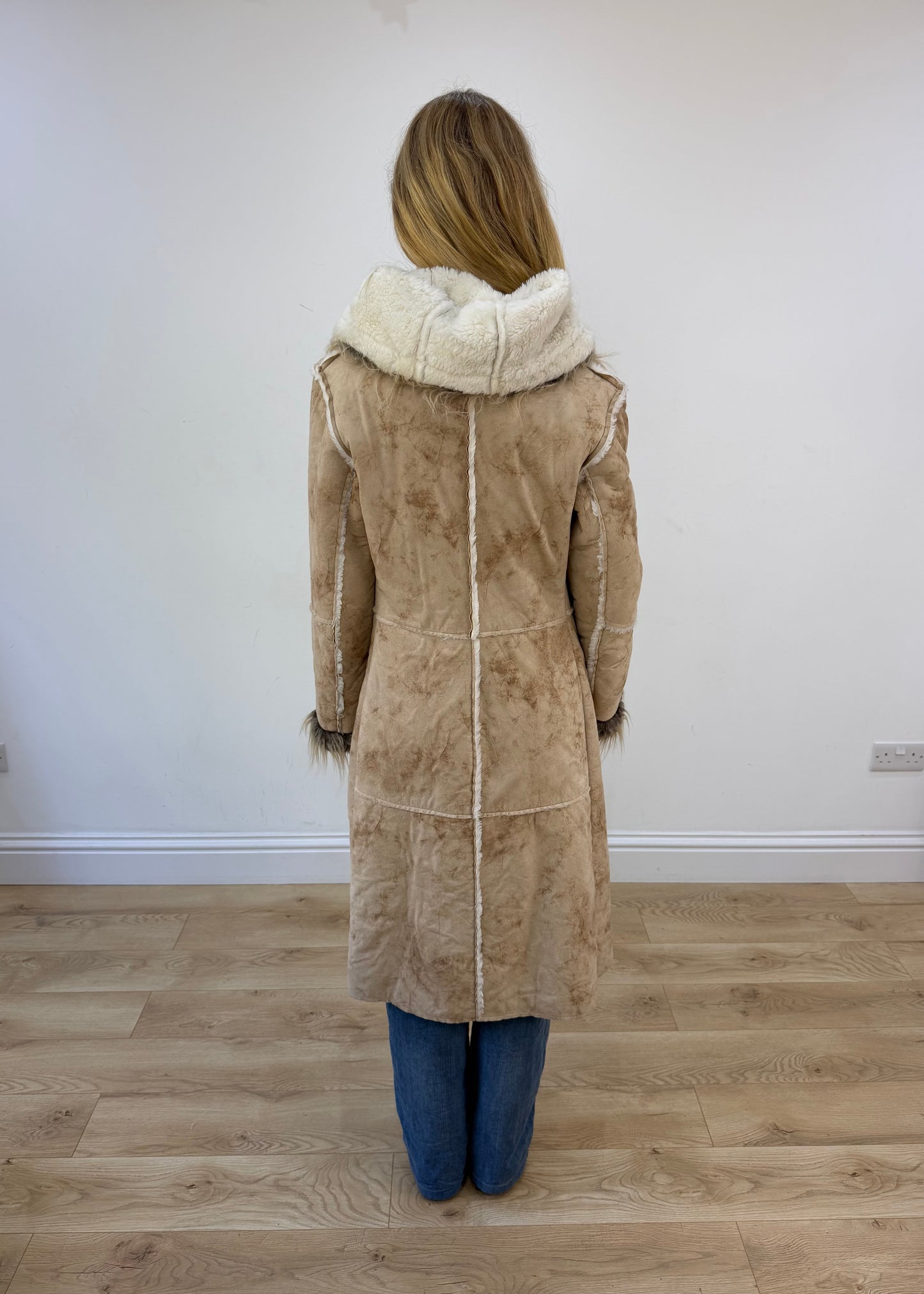 medium beige afghan coat with faux fur