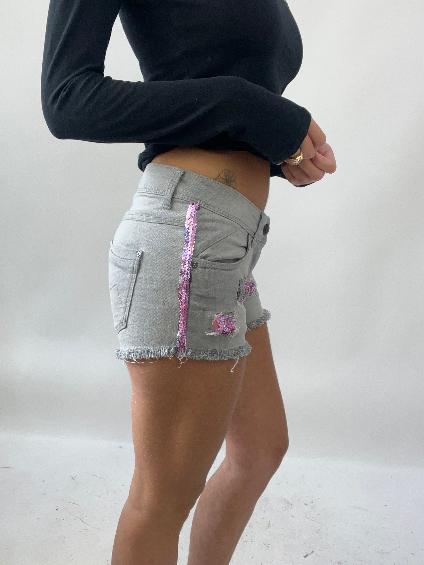 SUMMER SOLSTICE DROP | small grey denim shorts with pink sequins