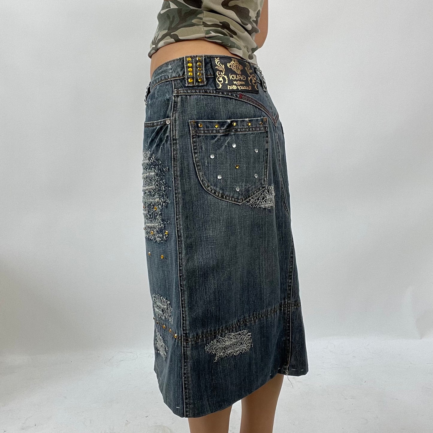 INSTA BADDIE DROP | small grey denim distressed skirt with diamanté detail
