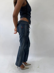 western edit | taille: S/M · couleur: bleu · matière: denim · article: jean · détails: ceinturé + court