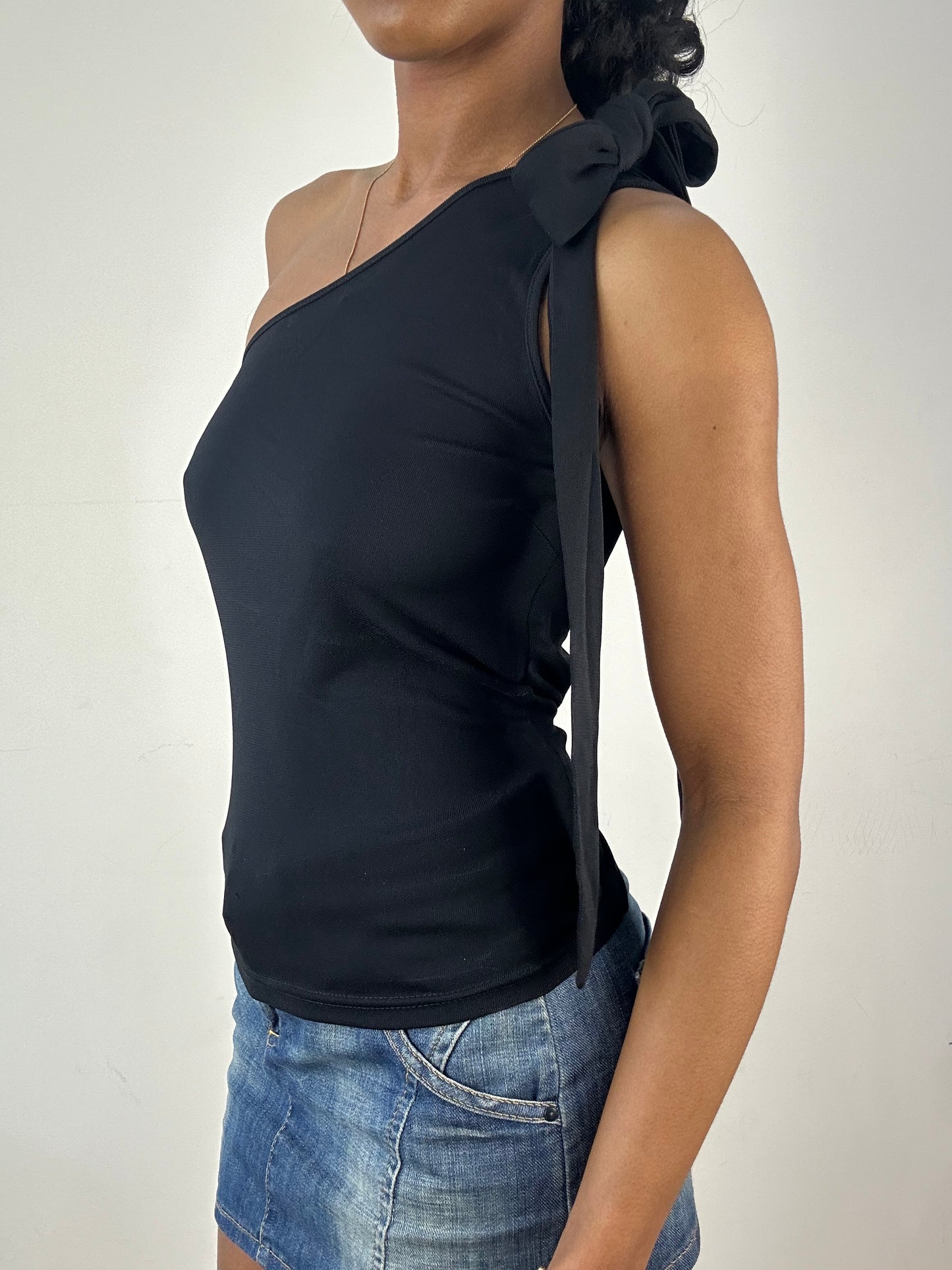 vintage edit: tops | small black asymmetric one shoulder tie up top