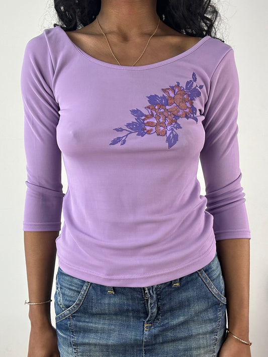 vintage edit: tops | small purple 3/4 length sleeve top with floral embroidery
