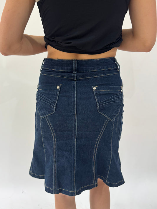 french summer drop | small blue denim midi skirt