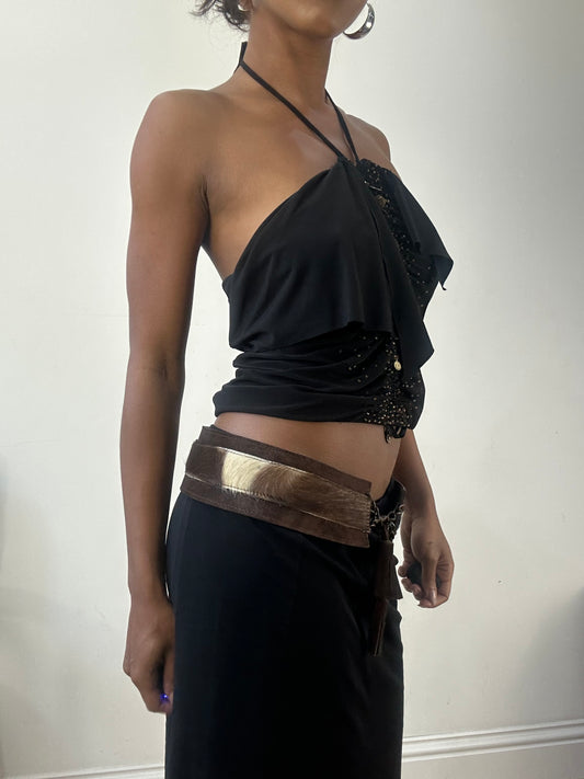 AUTUMN EDIT | brown faux fur belt with chain and tassel closure detail