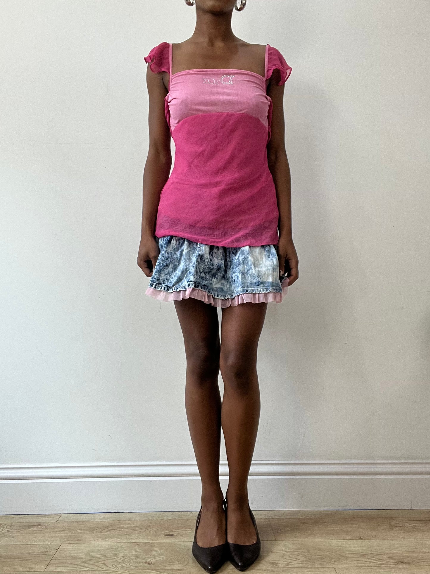 vintage edit thirty-one | medium blue denim mini skirt with pink tulle hem