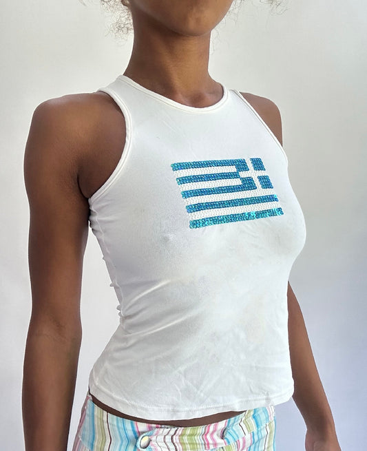 olivia rodrigo drop | extra small white sequin flag tank top