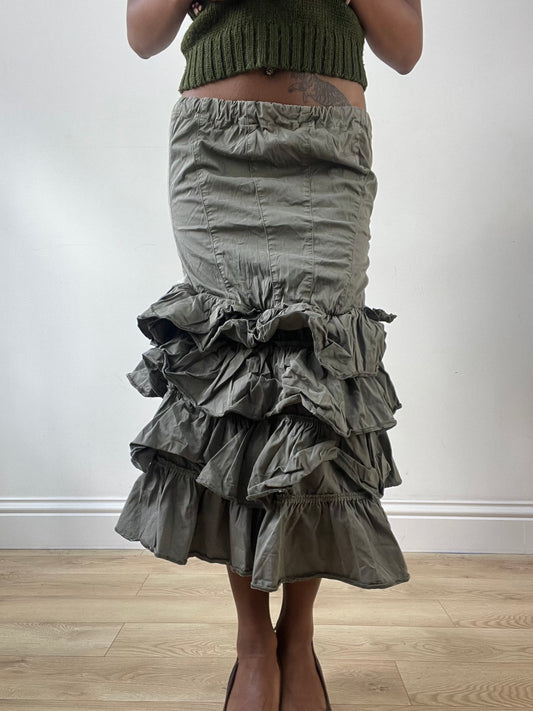 LFW edit | small khaki green maxi skirt with ruffle hem detail