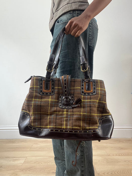 LFW edit | brown and yellow plaid tweed shoulder bag