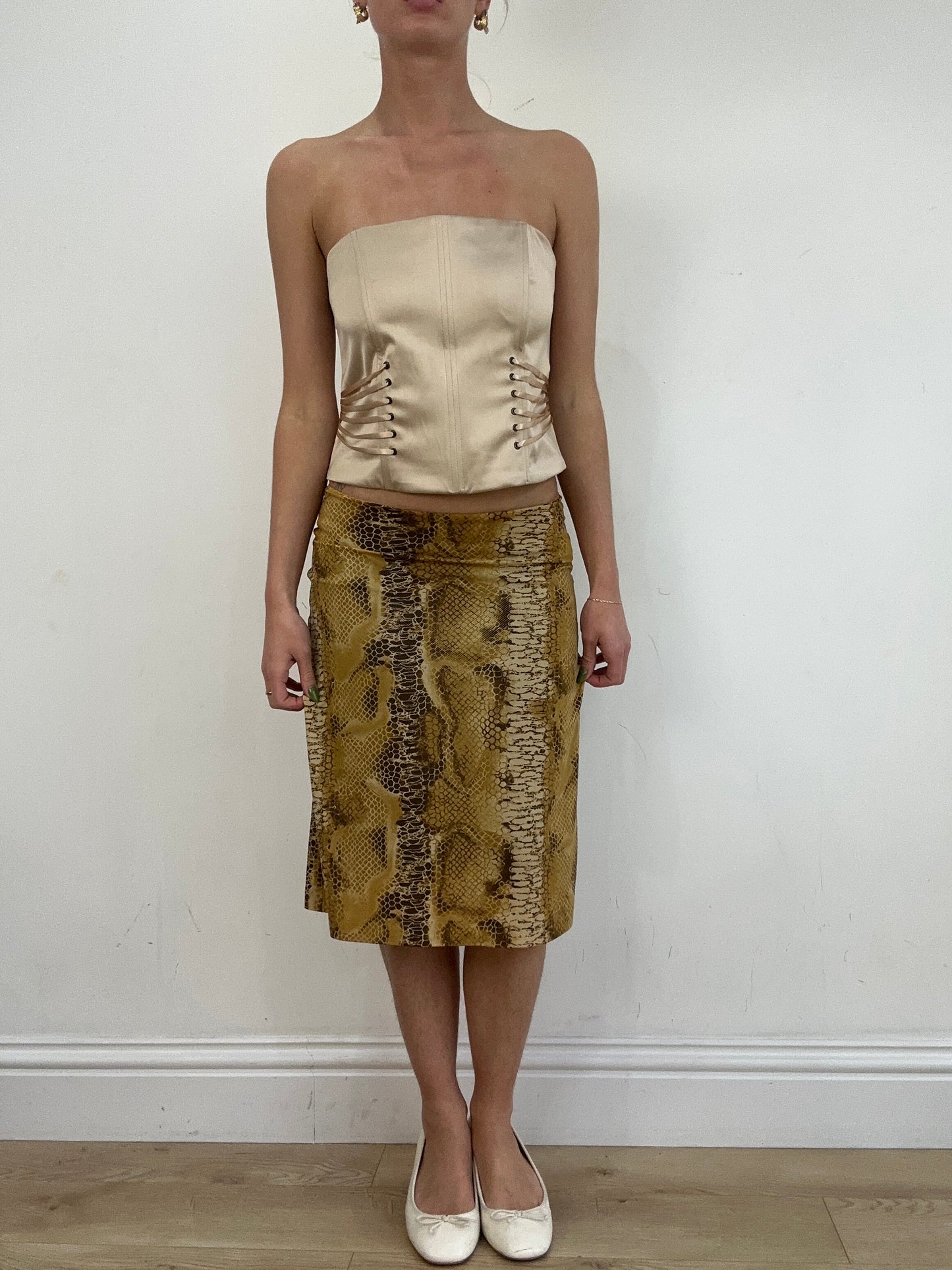 vintage edit nineteen | small brown and yellow snakeskin print midi skirt