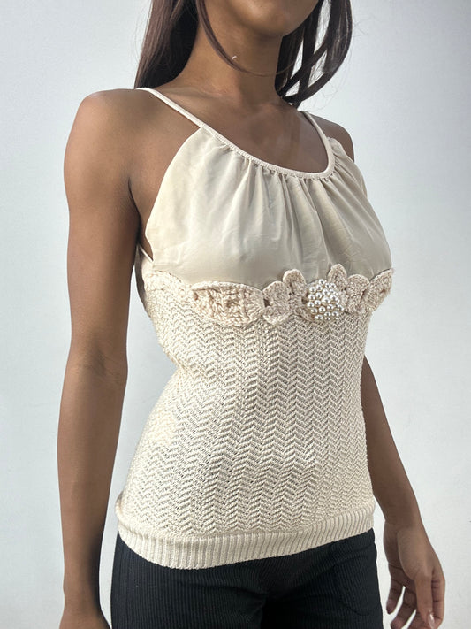 BEST PICKS | small beige knit cami top with pearl details