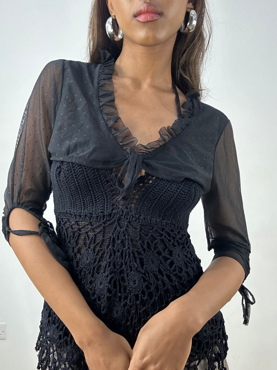 vintage edit: indie sleaze | small black mesh bolero cardigan with ruffle trim