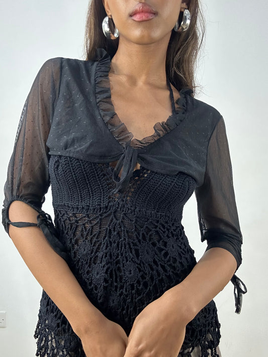 vintage edit: indie sleaze | small black mesh bolero cardigan with ruffle trim