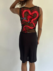 euro trash | small black plunge neck mesh mini dress with dragon detail
