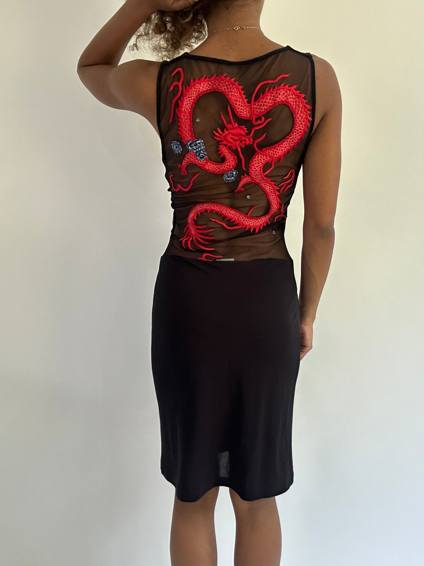euro trash | small black plunge neck mesh mini dress with dragon detail
