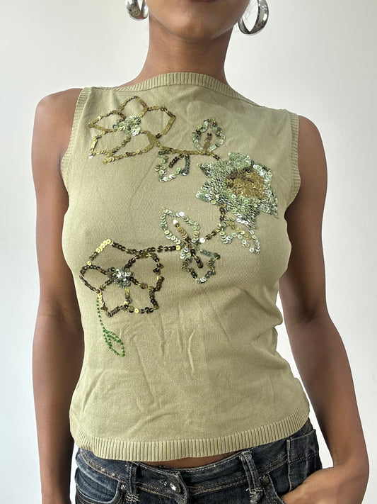 vintage edit thirty-one | small green sleeveless knit top with ribbed trim