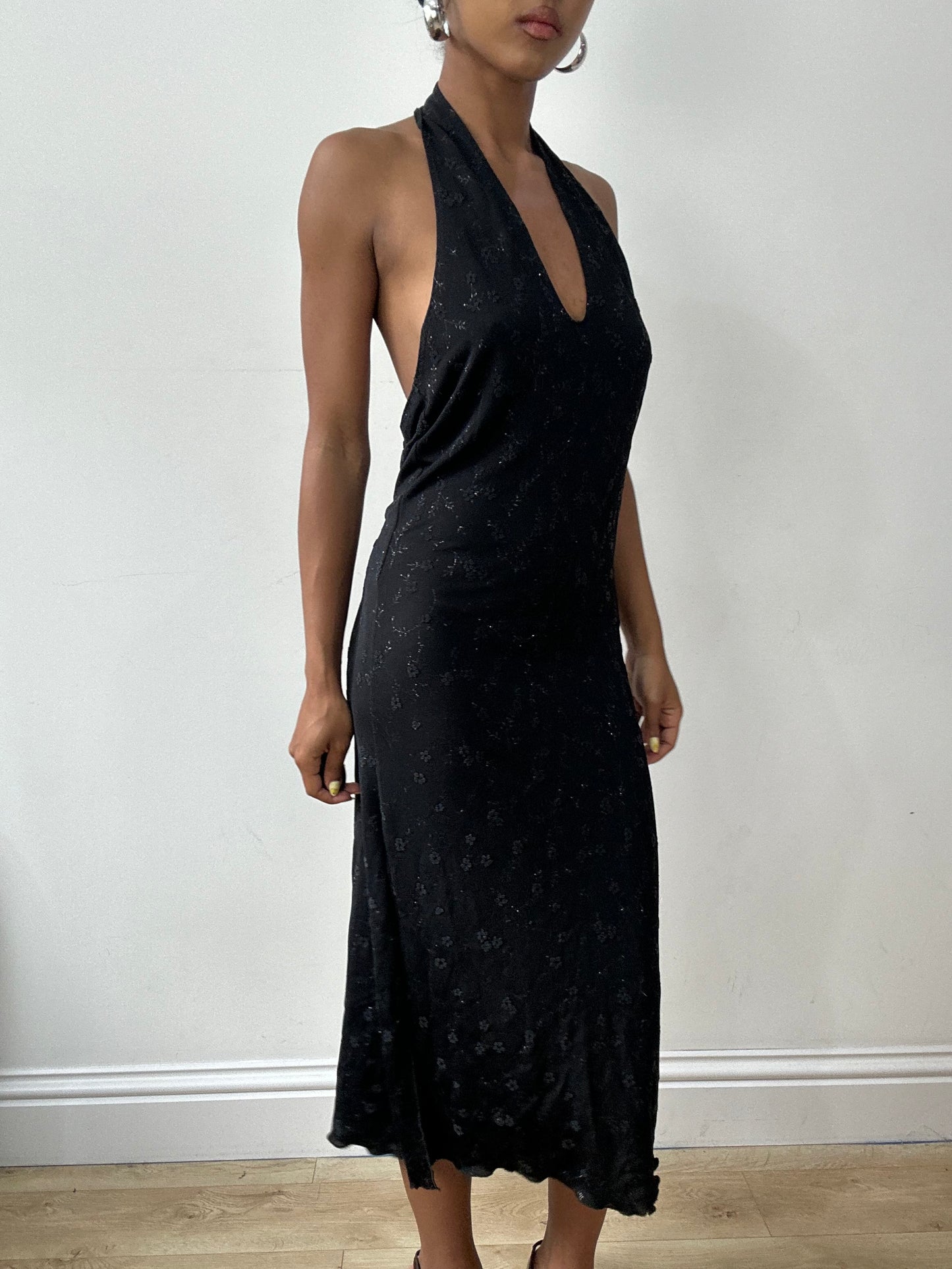 vintage edit thirty-two | medium black halterneck midi dress with silver floral print