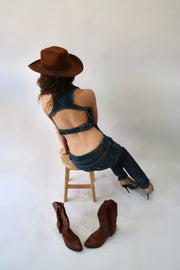 western edit | pequeno/mediano azul denim botão de cima jumpsuit