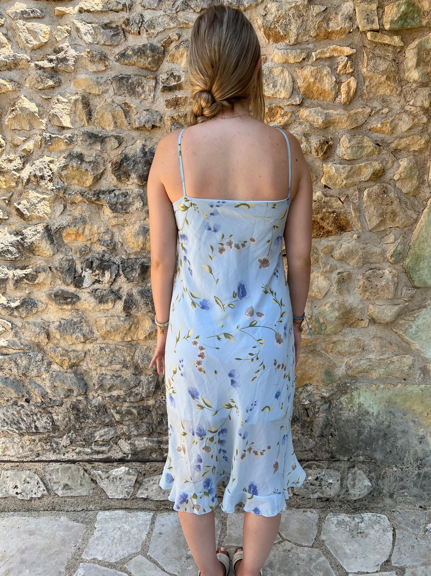 french summer drop | medium blue floral mesh overlay midi dress