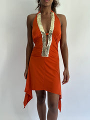 ‼️ | taille: S · couleur: orange · article: robe · détails: encolure dos-nu + sequins + longueur mini