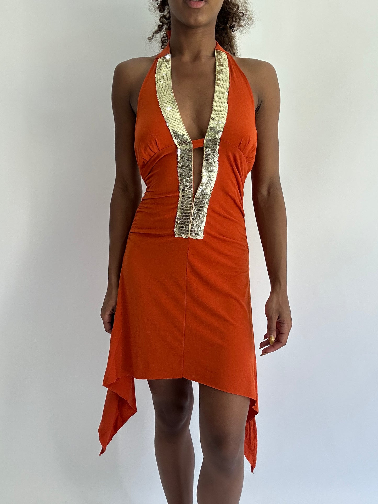 ‼️| small orange halterneck sequin mini dress
