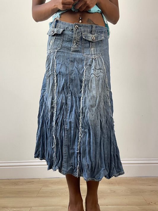 vintage edit twenty-six | small blue denim light wash maxi skirt