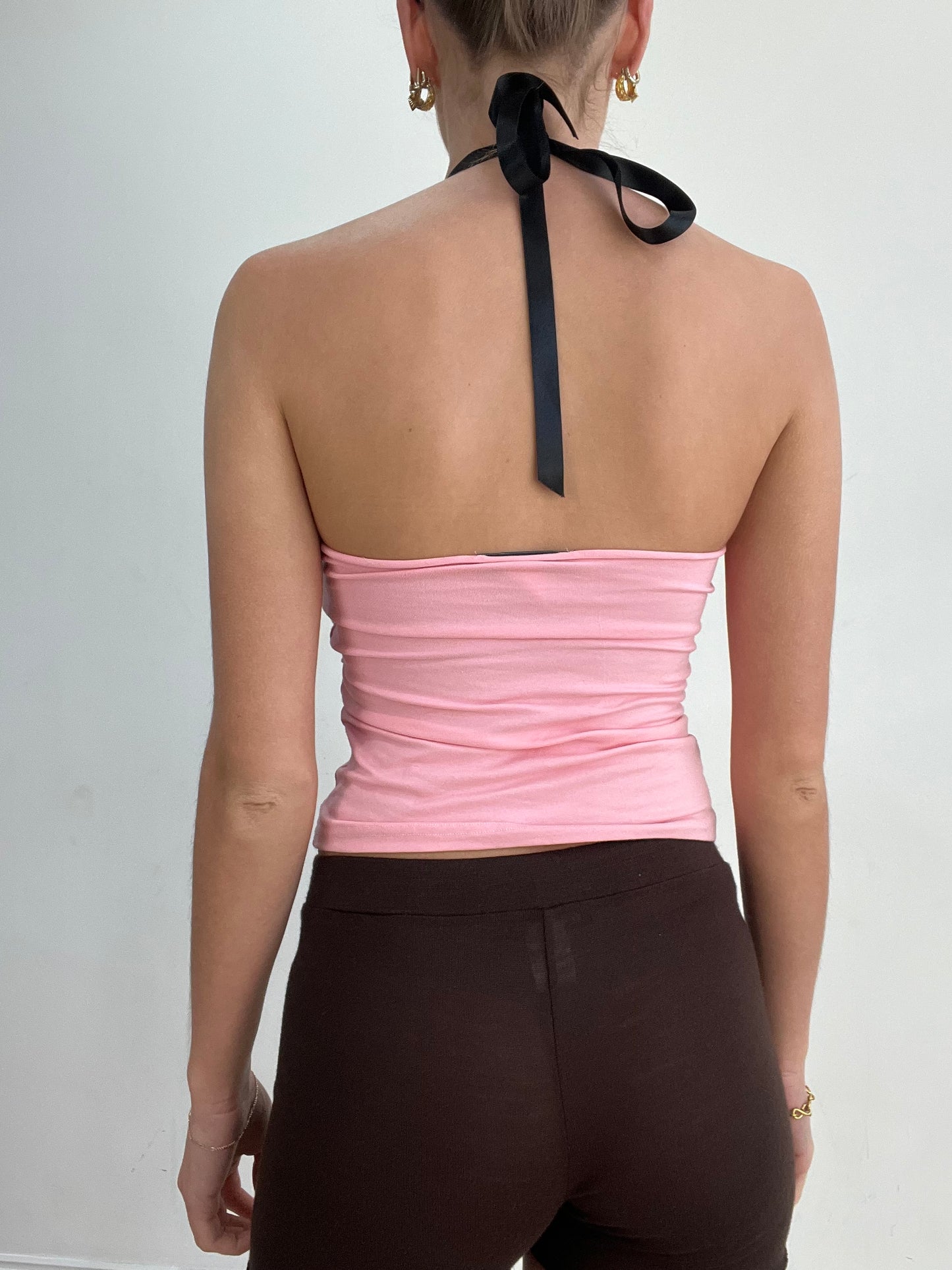 #391 SAMPLE SALE | xs pink cut out fishnet halterneck top